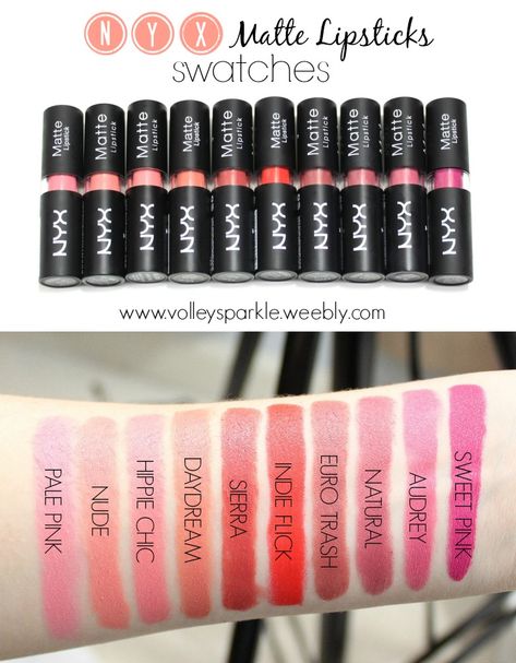 Nyx Matte Lipstick - 10 Shades | Swatches & Comparison Nyx Matte Lipstick Swatches, Nyx Swatches, Nyx Eyeshadow Palette, Nyx Matte Lipstick, Nyx Eyeshadow, Nyx Lipstick Matte, Nyx Matte, Nyx Butter Gloss, Alat Makeup