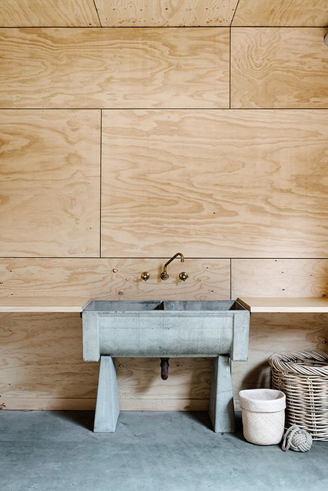 Birch plywood panelling Masculine Bathroom, Plywood Interior, Man Cave Bathroom, Plywood Walls, Concrete Sink, Wall Finishes, Wood Panel Walls, Bathroom Styling, Sorrento