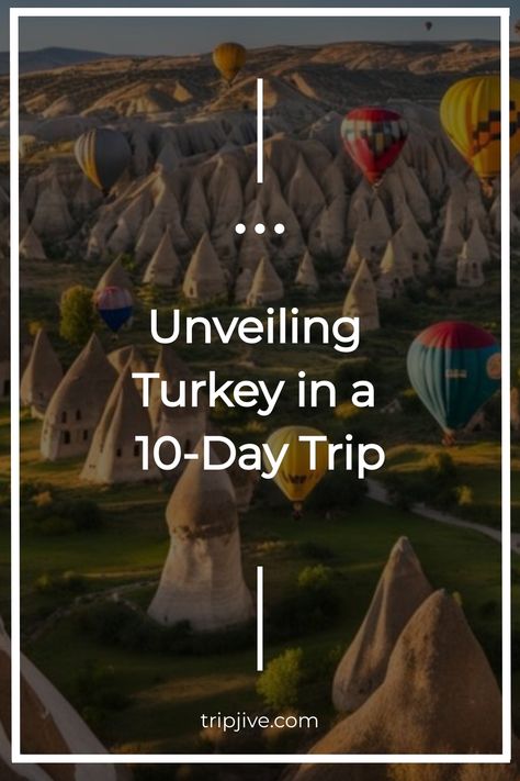 Balloons floating over the unique fairy chimney rock formations of Cappadocia, Turkey, promoting a 10-day trip. Turkey Itinerary, 10 Day Itinerary, Best Countries To Visit, Countries To Visit, Travel Plan, Great Escape, Day Plan, Cool Countries, Hidden Treasures