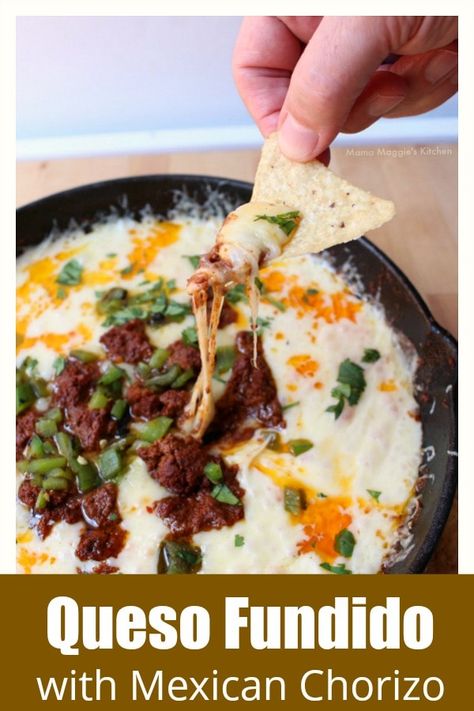 This cheese is sure to please. My friends loved this dish. I heard people say, “Oh my gawd!” and “Give me the recipe!” Now they know that I didn’t slave for hours and days to make this incredibly tasty dish. Lol. Cheers to easy entertaining. Hope you enjoy! By Mama Maggie's Kitchen Mexican Chorizo Dip, Best Queso Fundido, Chorizo Queso Fundido, Chorizo Fundido Dip, Chorizo Appetizer Recipes, Choriqueso Recipe, Queso Fundido With Chorizo, Chorizo Queso Dip, Mexican Appetizers Easy