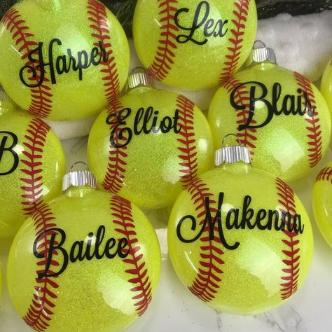 Softball Ornaments Diy, Softball Banquet, Athletic Banquet, Softball Ornaments, Softball Christmas, Cheerleading Bags, Cricut Ornaments, Senior Softball, Glitter Ornaments Diy