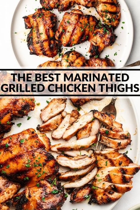 These juicy chicken thighs include a flavorful marinade you'll soon be obsessed with. They're so delicious and crave-worthy! I'll show you how easy grilling chicken thighs can be! Chicken Thigh Grill Recipes, Marinated Grilled Chicken Thighs, Grilled Chicken Thighs Marinade, Paleo Chicken Thighs, Chicken With Herbs, Juicy Chicken Thighs, Turkey Dinners, Grilling Chicken, Best Chicken Marinade