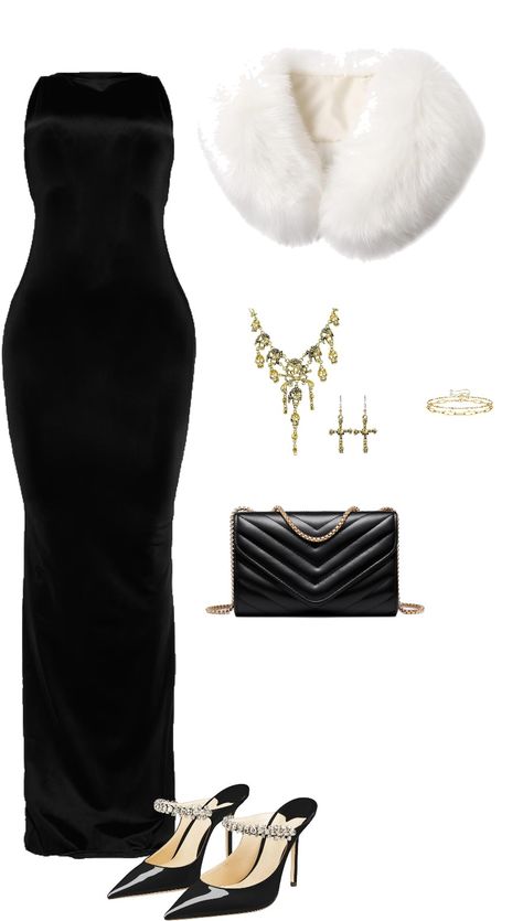 Sleeveless dress, heels, shoulder handbag, necklaces, earrings, bracelet, fur coat, mob wife outfit, mob wife aesthetic Elegant Fur Coat, Mob Princess Aesthetic, Fancy Clothes Aesthetic, Russian Mob Wife Outfit, Glam Winter Outfits, Mob Wife Dress, Old Hollywood Outfit Ideas Casual, Necklace For Off The Shoulder Dress, Mafia Wife Dress