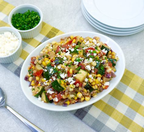 Corn Medley is a simple sauté of corn, zucchini, tomato and onion. Corn Medley, Cold Corn Salad, Summer Cookout Side Dishes, Summer Corn Recipes, Fresh Corn On The Cob, Corn And Rice, Fresh Corn Salad, Corn Side Dish, Cookout Side Dishes