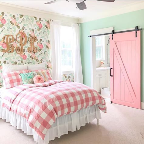 The pink sliding barn door is such a cute idea for a girls room.  Via @our_modern_antebellum Big Girl Bedrooms, Girl Bedroom Designs, Big Girl Rooms, Pink Bedroom, Bed Room, My New Room, Home Decor Tips