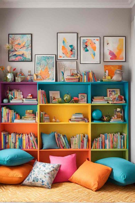 Kids home library corner with bright bookshelves Elementary Library Reading Nook, Library Corner For Kindergarten, Book Corner Ideas Bedroom For Kids, Kids Bookshelf Ideas, Kids Home Library, Library Room Ideas Home, Colourful Library, School Reading Corner, Classroom Book Corner