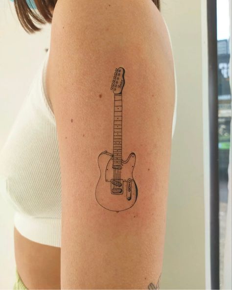 Fineline Guitar Tattoo, Line Art Guitar Tattoo, Cute Tattoos Music, Guitar Tattoo Aesthetic, Minimalistic Guitar Tattoo, Guitar Related Tattoos, Dainty Guitar Tattoo, Guitar Tattoo Stencil, Tiny Guitar Tattoo