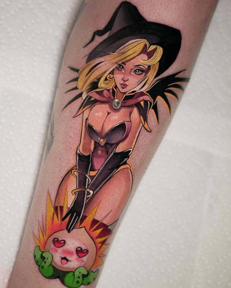 Mercy Witch, Overwatch Tattoo, Overwatch Mercy, Video Game Tattoo, Video Game Character, Tattoo Magazine, Mercy Overwatch, Witch Tattoo, Cartoon Character Tattoos