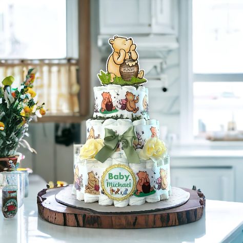 Pooh Bear Diaper Cake, Winnie The Pooh Diaper Cake Ideas, Winnie The Pooh Baby Shower Desserts, Winnie The Pooh Centerpieces Baby, Winnie The Pooh Baby Shower Centerpieces, Winnie The Pooh Baby Shower Cake, Winnie The Pooh Room, Diaper Cakes For Baby Boy, Winnie The Pooh Centerpieces