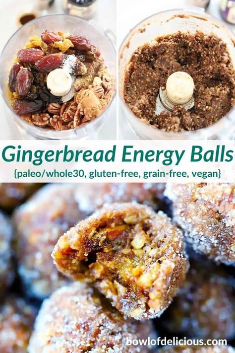 These no bake healthy gingerbread balls are gluten free, vegan, and grain free! They're packed with warming spices like cinnamon, cloves, ginger, and allspice, with a hint of molasses, and mostly naturally sweetened from dates and raisins. It's easy to make paleo or whole30, too! #energyballs #gingerbread #energybites #nobake Gingerbread Balls, Fall Breads, Yule 2024, Unique Sweets, Healthy Gingerbread, No Bake Healthy, Chewy Ginger Cookies, Snack Balls, Breakfast Oats