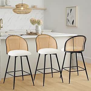 Bekrvio Counter Height Bar Stools Set of 3, 360° Swivel Upholstered Barstools with Rattan Full Back & Metal Legs, PU Leather 26" Mid Century Modern Counter Stool Kitchen Island Bar Chairs, Off-White Mid Century Modern Bar, Island Stools, Rattan Bar Stools, Kitchen Island Bar, Modern Counter Stools, Kitchen Counter Stools, Counter Bar, Modern Stools, Counter Height Bar