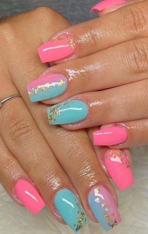 Turquoise And Pink Nails Designs, Turquoise Pink Nails, Teal And Pink Nails Ideas, Pink And Turquoise Nails Summer, Turquoise Dip Nails, Teal Pink Nails, Pink And Aqua Nails, Pink Turquoise Nails, Turquoise Nail Designs Summer