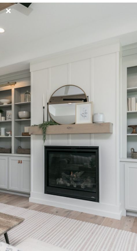 White Floating Mantle, Board And Batten Above Mantle, Board Batten Fireplace Wall, White Floating Mantle Fireplace, Board And Batten Gas Fireplace, Vertical Shiplap Above Fireplace, Board And Batten Fireplace, Fireplace Basement, Floating Mantle