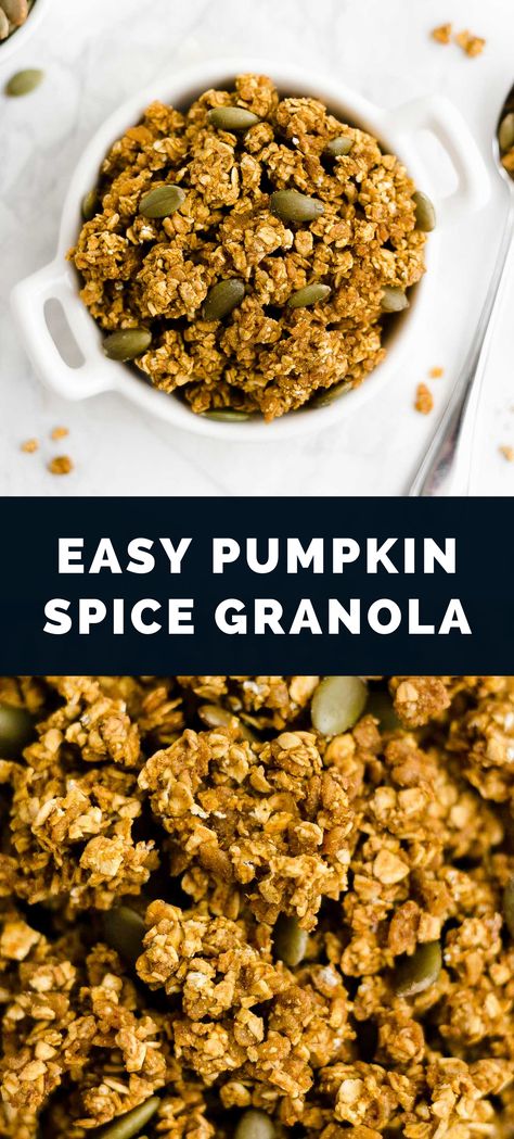 This is the BEST pumpkin spice granola recipe! It’s quick & SUPER easy to make. Only 5 ingredients — and no oil or butter! It’s full of big crunchy clusters & cozy pumpkin spice flavor. SO good!! This easy granola recipe is naturally gluten free & vegan with no refined sugar. Perfect for fall breakfasts & snacks! (Clean eating, dairy free, low fat & low calorie too!) ♡ easy pumpkin granola recipe. vegan pumpkin spice granola. gluten free pumpkin granola. Healthy Pumpkin Recipes Low Calories, Pumpkin Flax Granola, Pumpkin Granola Recipe, Granola Easy, Flax Granola, Pumpkin Puree Recipes, Pumpkin Spice Granola, Pumpkin Granola, Baking Breakfast