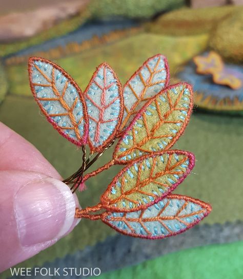 Harvest Time – part 3 (felt leaves) | SALLEY MAVOR Salley Mavor Tutorials, Pipe Cleaner People, Wee Folk Studio, Salley Mavor, Craft Room Closet, Stitching Patterns, Wee Folk, Embroidered Leaves, Felt Leaves