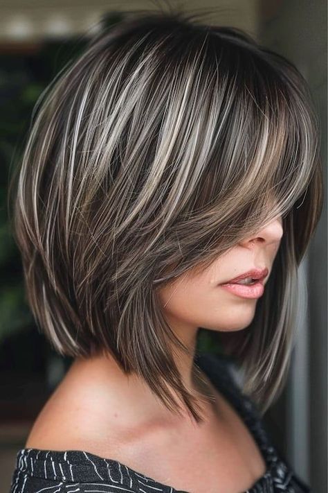 40 Trendsetting Medium-Length Layered Haircuts for 2024 - The Hairstyle Edit Chin Length Hair Over 50, Heavy Layers Medium Hair, Rambut Brunette, Haircuts For Medium Length Hair, Layered Haircuts For Medium Hair, Brunette Hair With Highlights, Blending Gray Hair, Hair 2024, Medium Hairstyles