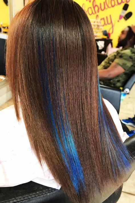 Blue Peekaboo For Brown Hair #peekaboohair #brunette Peekaboo Hair Blonde And Brown, How To Do Peekaboo Hair Color At Home, Blue Streaks In Brown Hair, Peekaboo Hair Ideas, Hair Highlights For Brown Hair, Blue Peekaboo, Blonde Brown Hair Color, Purple Hair Streaks, Purple Blonde Hair