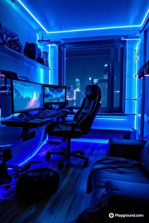 Streaming Room Aesthetic, Male Gamer Room, Blue Gamer Bedroom, Dark Blue Game Room, Cyan Gaming Setup, Blue Gaming Room Setup, Cyberpunk Game Room, Dark Blue Gaming Setup, Black And Blue Gaming Setup