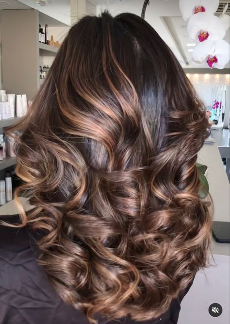 Chocolate Balayage Curly Hair, Partial Highlights Curly Hair Dark Brown, Chocolate Highlights On Dark Hair Curly, Ribbon Highlights Hair Dark Brown, Carmel Highlights On Brown Hair Curly 3a, Deep Brown Hair, Highlights Curly Hair, Medium Layered Hair, Glossy Hair