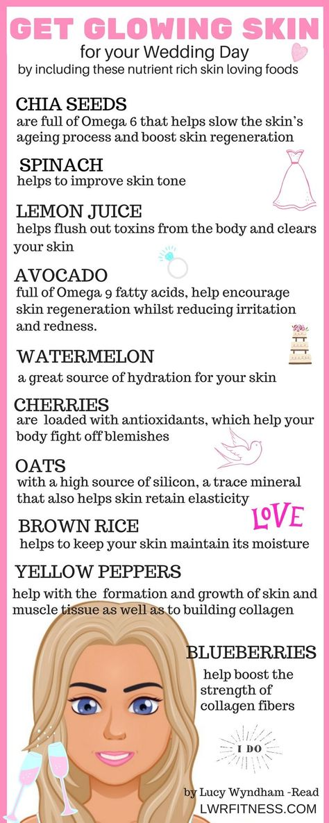 For any Bride-to-be that wants glowing skin and to look perfect on her Wedding Day then these top 10 glowing skin foods will give you that glowing complexion. What you eat will have greater impact that what yo put on your face, so to get gorgeous skin you need to be focusing on have a well balanced diet that have plenty of vitamins and minerals so you can keep the skim plumped up, blemish free and stimulate your collagen. So it is true when they say we are what eat, so focus on eating clean... < Wedding Workout Plan, Glow Up Routine, Wedding Skin, Skin Foods, Food For Glowing Skin, Skin Care Routine For 20s, Skin Diet, Wedding Workout, Get Glowing Skin