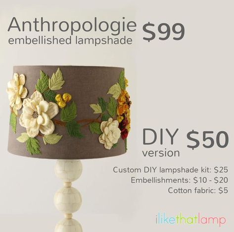 Lampshades from stores like Anthropologie are pretty, but they can also cost a pretty penny.  Here are some ways you can get the look for less by DIY-ing your own designer shade. This Anthropologie lampshade is heavy on the embroidery and embellishments. The shade itself is plain gray cotton, with fabric flowers an Decorate Lampshade Diy, Anthro Diy, Diy Anthropologie, Diy Lampshade, Flower Lamp Shade, Redecorating Ideas, Chic Lamp, Diy Lampe, Anthropologie Inspired