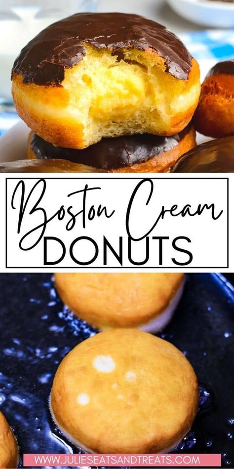 Soft, airy homemade donuts that are filled with a rich, creamy custard and topped with a decadent chocolate glaze! Thanks to this delicious recipe you can make your favorite Boston Cream Donuts at home. Boston Cream Eclair, Eclair Donut Recipe, Homemade Filled Donuts Recipe, Eclair Recipes, Cream Donut Recipe, Donuts At Home, Boston Cream Donut, Cream Filled Donuts, Donuts Recipes