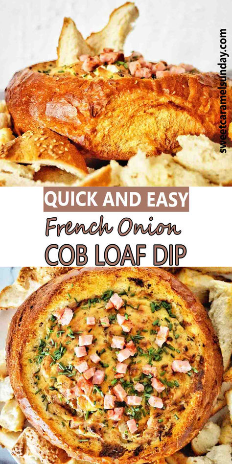 Cob loaf with French onion dip on white plate with text written between 2 images. Best Cob Loaf Recipe, French Onion Cob Loaf, Cob Loaf Dip Recipes French Onion, Cobb Loaf Dip Recipes, Cob Loaf Recipe, Easy Cob Loaf Recipes, Cob Loaf Recipes, Cob Loaf Dip Recipes, Christmas Starters Ideas