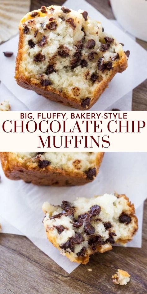 This bakery-style chocolate chip muffins are big, fluffy and have a delicious buttery vanilla flavor with tons of chocolate chips. They have beautifully domed tops for the perfect muffin #muffins #chocolatechip #bakery #recipe from Just So Tasty https://www.justsotasty.com/bakery-style-chocolate-chip-muffins/ Bakery Muffin, Bakery Style Chocolate Chip Muffins, Chocolate Chip Muffin Recipe, Bakery Style Muffins, Homemade Muffins, Chocolate Chip Muffins, Chocolate Muffins, Baking Sweets, Food Cakes