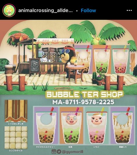 Bamboo Noodle Slide Animal Crossing, Acnh Bubble Tea Shop, Acnh Boba Shop Designs, Boba Stall Acnh, Animal Crossing Bubble Tea, Acnh Boba Truck, Animal Crossing Boba Shop, Animal Crossing Boba Stand, Acnh Tea Shop