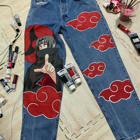 Diy Painted Jeans, Customizing Clothes, Thrifted Pieces, Anime Pants, Hand Painted Jeans, Custom Jeans Diy, Painting Clothes, Denim Diy Clothes, Naruto Merchandise