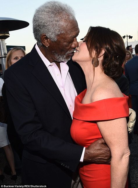 Morgan's scarlet woman: Freeman locked lips with lady in red Marcia Gay Harden at the CBS ... Scarlet Woman, Morgan Freeman Quotes, Nuns Habits, Morgan Freeman, Dance Steps, Hard To Love, Curly Hair Men, Dance Poses, Boy Hairstyles