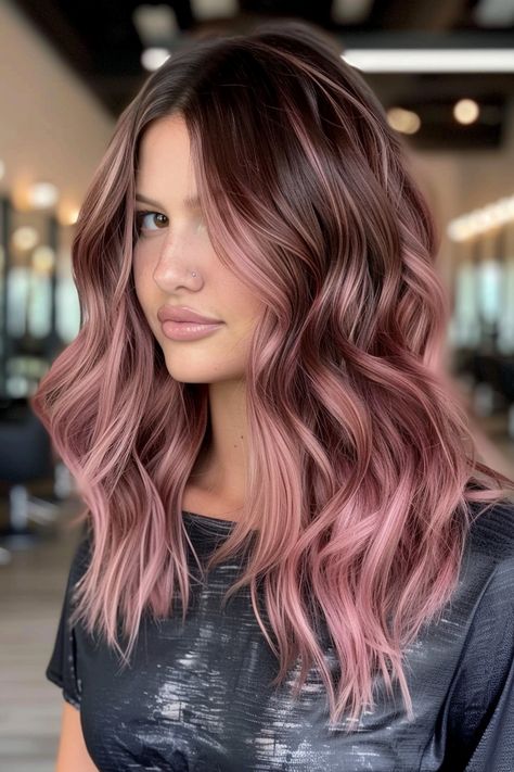 40+ Gorgeous Brown Hair and Highlights Ideas - Flo's Blog Pink Hair Brunette Balayage, Dark Rose Hair Color, Rose Gold Face Framing Highlights, Ash Pink Highlights, Brown Hair With Subtle Pink Highlights, Hair Dye Ideas For Wavy Hair, Pink And Brown Balayage, Pink Balayage On Brown Hair, Highlights Color Hair