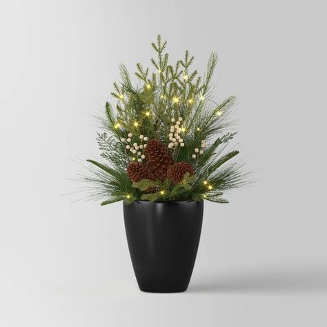 3' Pre-lit Decorated Mixed Greenery Artificial Christmas Plant Arrangement in Black Pot White LED Lights - Wondershop™ Porch Pots Christmas Diy, Christmas Porch Pots, Christmas Planters Outside Front Porches, Holiday Planters, Front Porch Flower Pots, Front Door Planters, Christmas Plant, Front Porch Flowers, Outdoor Christmas Planters