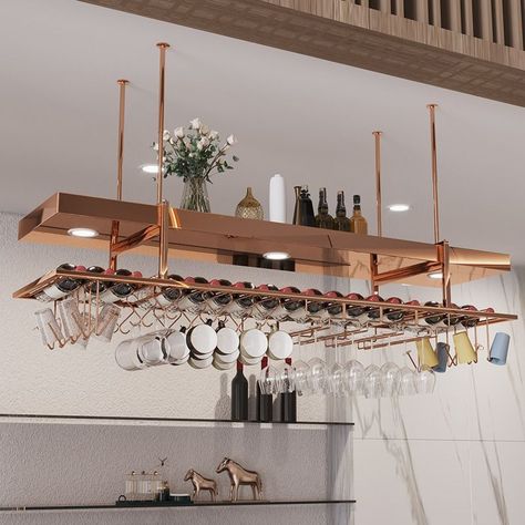 Alloy Suspended Wine Bottle & Glass Rack with Shelf, Rose Gold, 47"L x 14"W x 38"H Modern Home Outdoor, Wall Bar Cabinet, Wine Rack Glass Holder, Wine Stand, Shelves Wall, Glass Rack, Vintage Wine, Wine Racks, Glass Holders