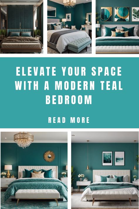 Collage showcasing elegant bedrooms featuring modern teal decor and stylish furnishings. Modern Teal Bedroom, Teal Aesthetic Bedroom, Dark Teal Walls, Teal Blue Bedroom, Dark Teal Bedroom Ideas, Teal Bedroom Decor, Ensuite Bathroom Designs, Teal Accent Walls, Modern Bedroom Colors