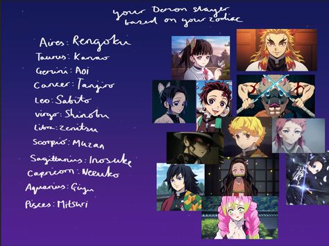 Demon Slayer Zodiac Signs, Demon Slayer Zodiac, Demon Slayer Character, Demon Slayer Characters, Pisces And Scorpio, Anime Zodiac, Heroes And Villains, Be Kind To Everyone, Leo Sign