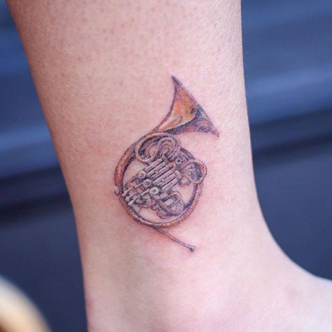 French Horn Tattoo Ideas, French Horn Tattoo, Horn Tattoo, Skin Improvement, Animal Tattoo Ideas, Sharpie Tattoos, French Horn, Thigh Tattoos Women, Music Instrument