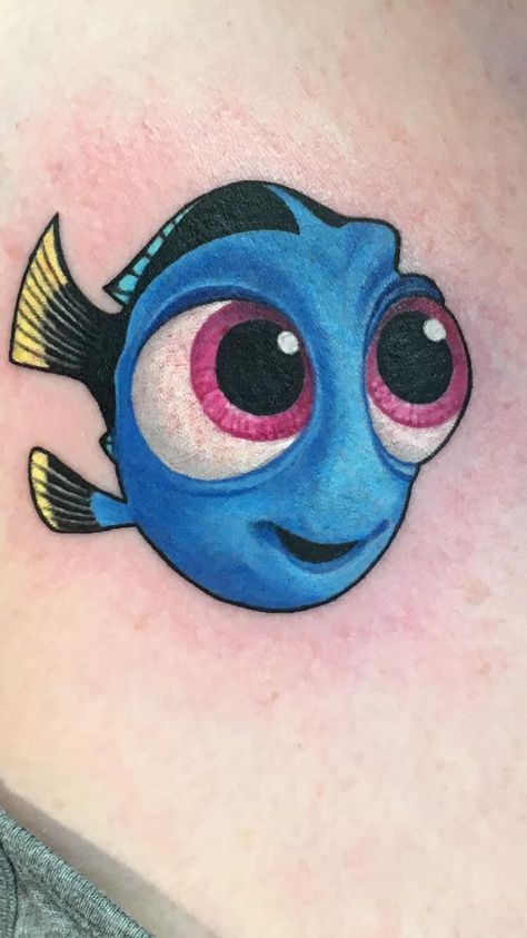 Dory Tattoo Ideas, Disney Movie Tattoos, Nemo Tattoo, Baby Dory Tattoo, Dori Tattoo Finding Nemo, New School Disney Tattoo, Dory Tattoo, Baby Dory, Tim Burton Tattoo