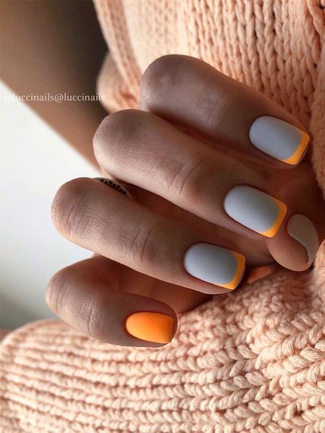 7. Grey and Orange Neon Nails No one could go wrong with a French nail design. But instead of just simple French nail, try... Nails 2022, Gray Nails, White Nail, Neon Nails, Orange Nails, Beautiful Nail Art, Chic Nails, Matte Nails, Nails Designs