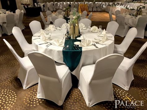 Chair Covers Wedding Reception, Emerald Wedding Decor, Hotel Wedding Receptions, Wedding Reception Chairs, White Chair Covers, Autumn Wedding Reception, White Spandex, Hotel Chair, Illinois Wedding