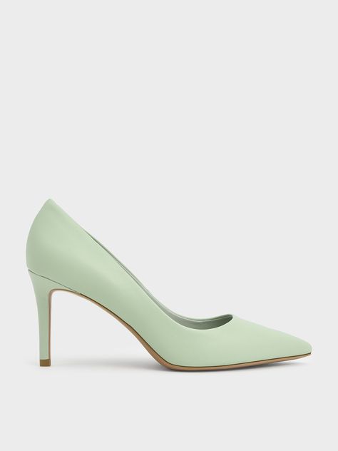 Sage Green Pointed Toe Stiletto Pumps - CHARLES & KEITH CA Fitted White Shirt, Green High Heels, Stacked Heel Sandal, Colour Trends, Online Shopping Shoes, Green Heels, Black Pumps Heels, Faux Leather Heels, Strappy Sandals Heels