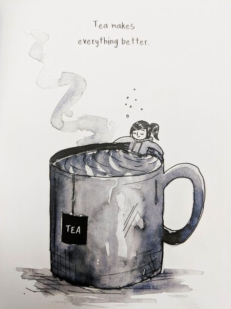 Tiny person in a giant mug of tea. "Tea makes everything better." #gt Debbie Tung, Mug Of Tea, Books And Tea, Tiny Person, Photography Coffee, Tea Riffic, Tea Quotes, Tea And Books, Cuppa Tea