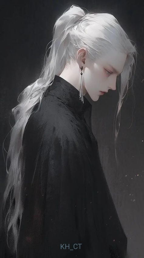 White Eyes White Hair, Goth With White Hair, Silver Hair Character Art, White Haired Vampire, White Hair Character Design, Character With White Hair, Victorian Character Design, Silver Hair Men, Fantasy Story Ideas