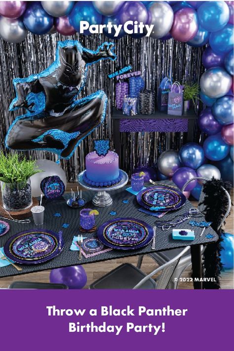 Birthday Party Black Panter, Wakanda Forever Party Ideas, Black Panther Balloon Decorations, Black Panther Birthday Party Decorations, Black Panther Balloon Garland, Black Panther Themed Birthday Party, Wakanda Forever Birthday Party, Black Panther Party Decorations, Wakanda Forever Party Theme