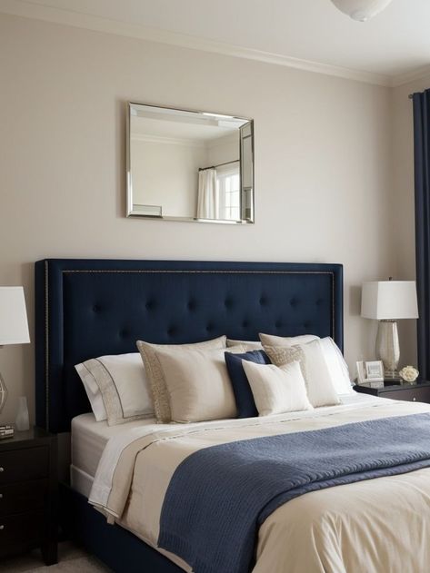 Blue Tufted Headboard Bedroom, Navy And Beige Bedroom, Beige Accent Wall, Navy Headboard, Tufted Headboard Bedroom, Bedroom Accent Wall Ideas, Bedroom Accent Wall, Accent Wall Ideas, Stylish Bedroom Design