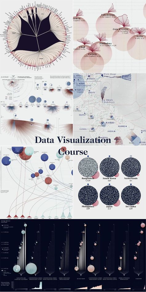 Details from seven data visualization projects. The text in the center says "Data Visualization Course" Editorial Data Visualization, Data Visualization Timeline, Map Information Design, Visual Data Design, Data Visualization Design Creative, Process Infographic Design, Creative Data Visualization, Mapping Diagram, Map Data Visualization