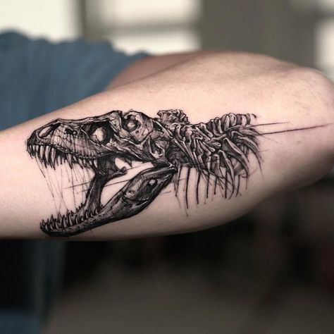 T-Rex Skull Tattoo | Best Tattoo Ideas Gallery Gothic Dinosaur Tattoo, T Rex Skeleton Tattoo, T Rex Skull Tattoo, Kaiju Tattoo, Dinosaur Skull Tattoo, Tattoo Dino, Fossil Tattoo, Tyrannosaurus Rex Skull, Jurassic Park Tattoo