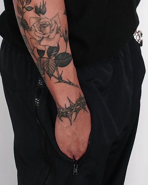 Men’s Flower Tattoo Sleeve, Rose Bush Tattoo Men, Flower Vine Tattoo Arm Sleeve Men, Rose Around Arm Tattoo, Rose Thorn Sleeve Tattoo, Vines Hand Tattoo Men, Tattoos With Roses For Men, Rose Thorn Tattoo Men, Men Roses Tattoo