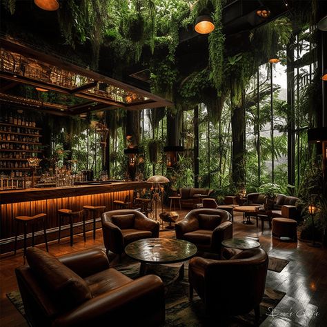 Biophilic Bar Design, Interior Design Rustic Modern, Rustic Modern Restaurant, Counter Bar Design, Rainforest Restaurant, Lounge Bar Interior, Forest Lounge, Jungle Restaurant, Coffee House Interiors