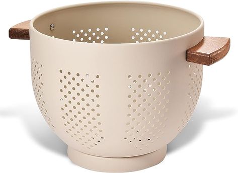 Amazon.com: Metal Colander with Wood Handle and Stable Base, Powder Coated Steel Kitchen Strainer Basket for Draining Pasta, Vegetable and fruit (7 quart, Sand Yellow): Home & Kitchen Kitchen Strainer, Vegetable And Fruit, Food Strainer, Future Kitchen, Sponge Holder, Large Kitchen, Wooden Kitchen, Steel Kitchen, Kitchen Handles